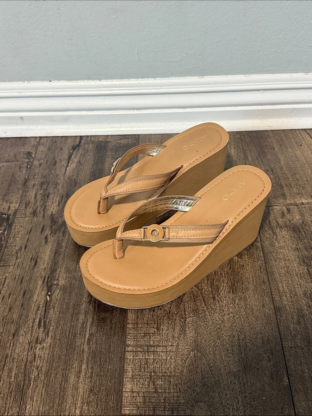 ALDO Tan Platform Wedge Thong Sandals with Metallic Accent